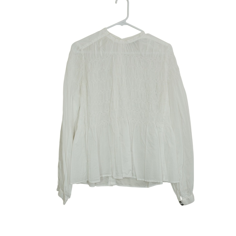 AllSaints Size 12 White Cotton Smocked Shirt Blouse Button Back Chic Feminine